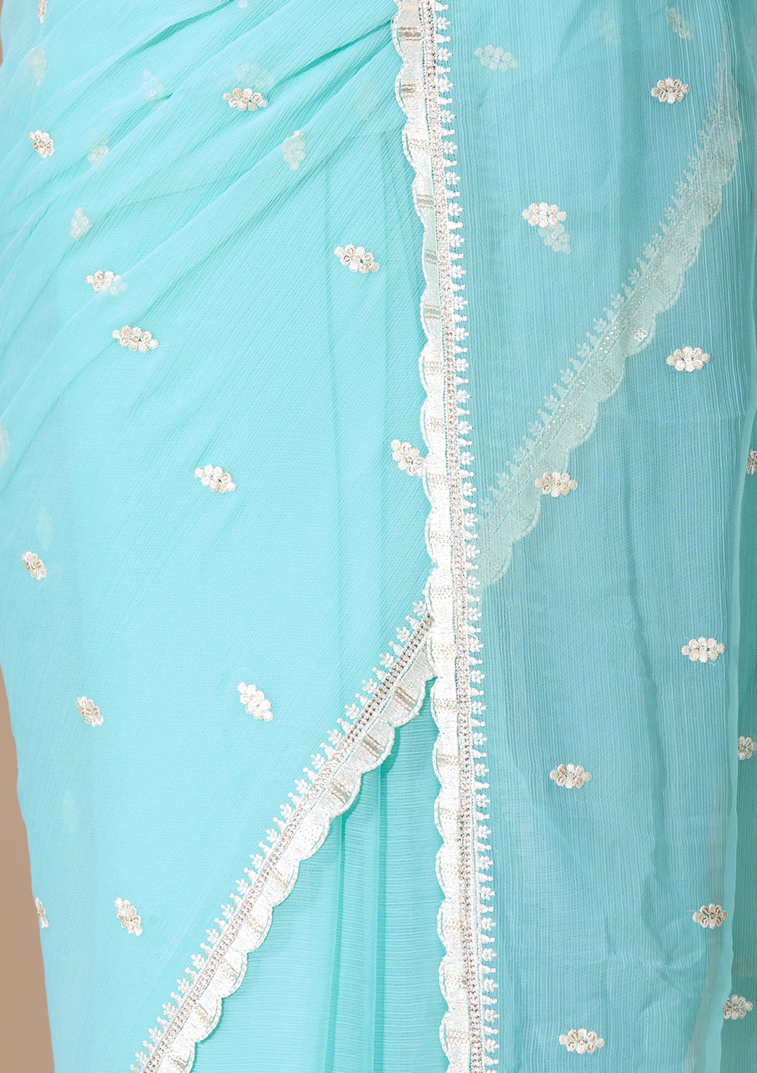 Sky Blue Chiffon Threadwork Saree With Matching Blouse Piece