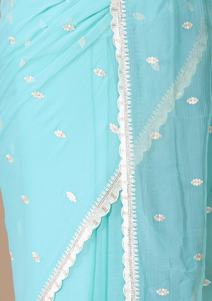 Sky Blue Chiffon Threadwork Saree With Matching Blouse Piece