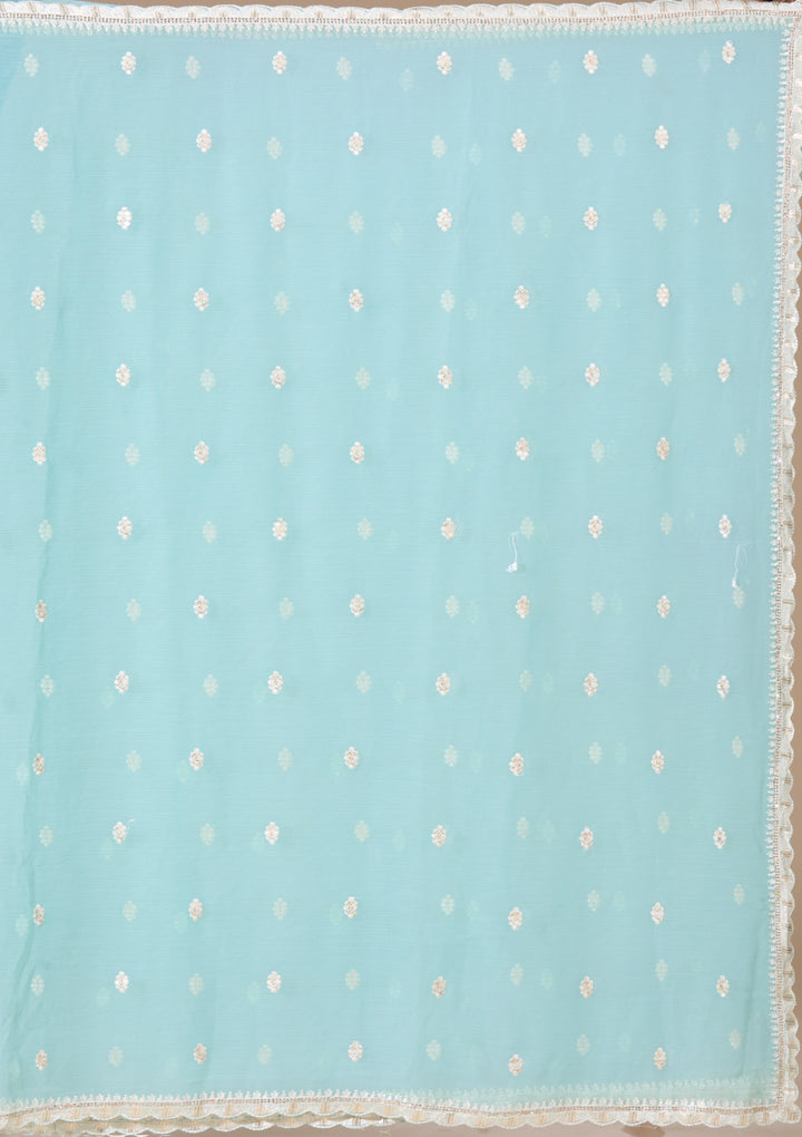 Sky Blue Chiffon Threadwork Saree With Matching Blouse Piece