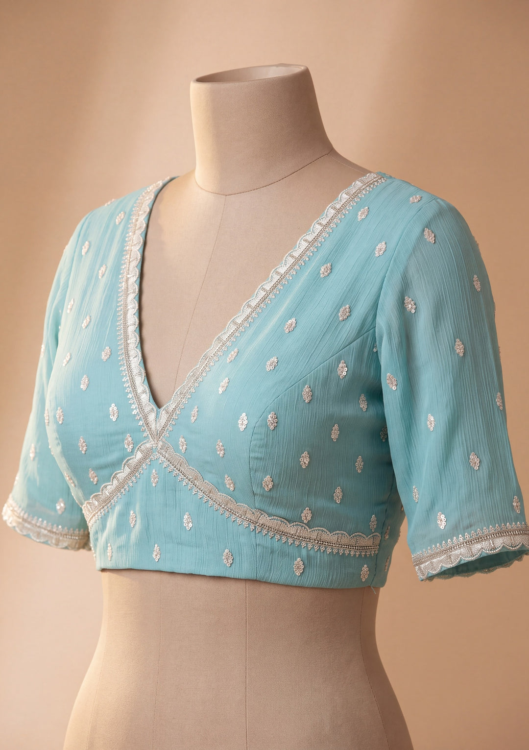 Sky Blue Chiffon Threadwork Saree With Matching Blouse Piece