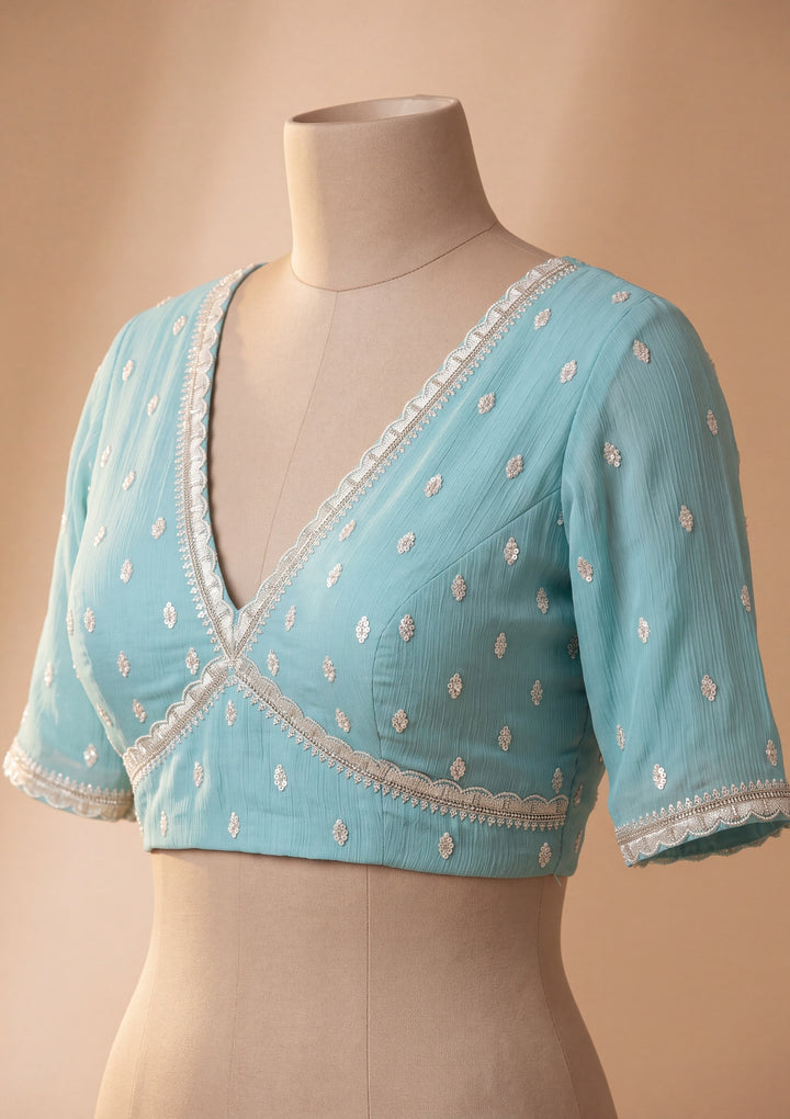 Sky Blue Chiffon Threadwork Saree With Matching Blouse Piece