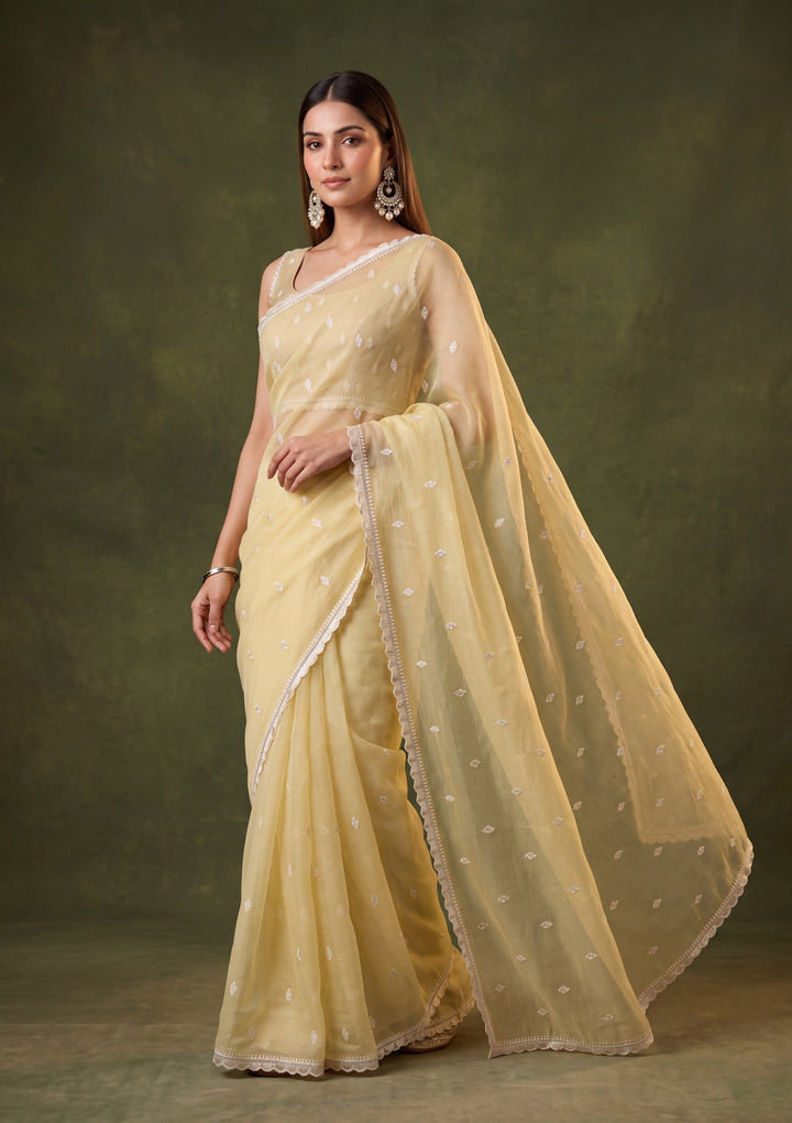 Yellow Chiffon Threadwork Saree With Matching Blouse Piece