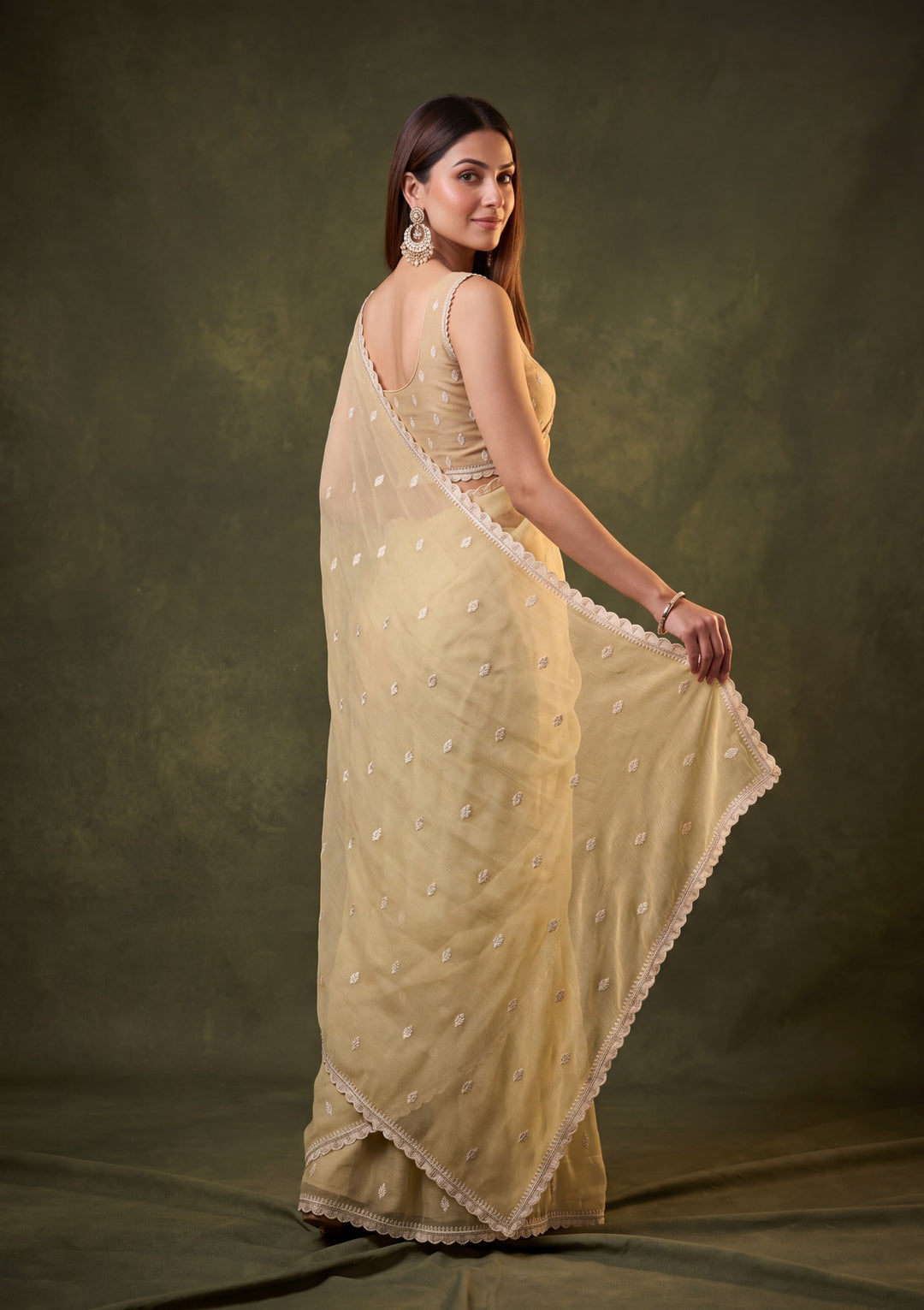 Yellow Chiffon Threadwork Saree With Matching Blouse Piece