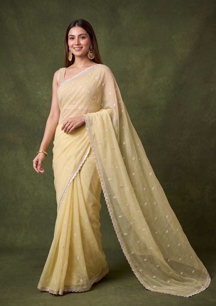 Yellow Chiffon Threadwork Saree With Matching Blouse Piece