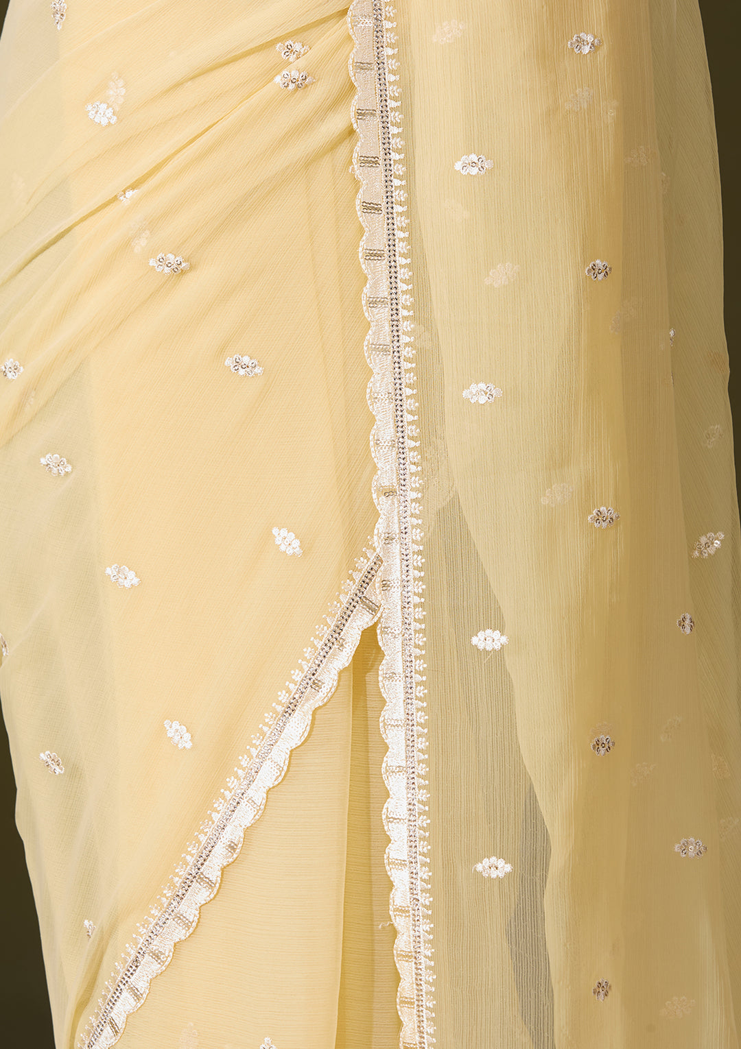 Yellow Chiffon Threadwork Saree With Matching Blouse Piece