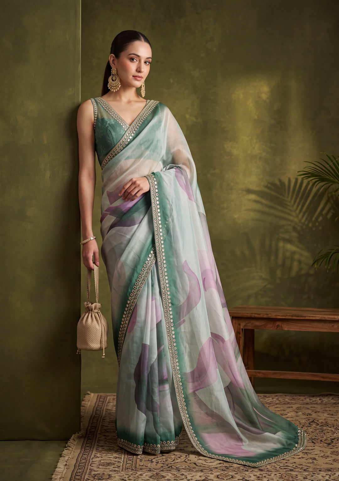 Bottle Green Satin Mirrorwork Saree With Matching Blouse Piece