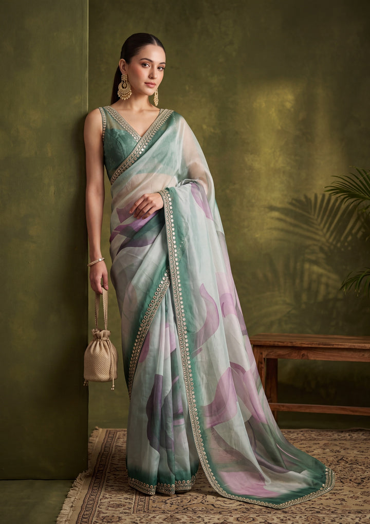 Bottle Green Satin Mirrorwork Saree With Matching Blouse Piece