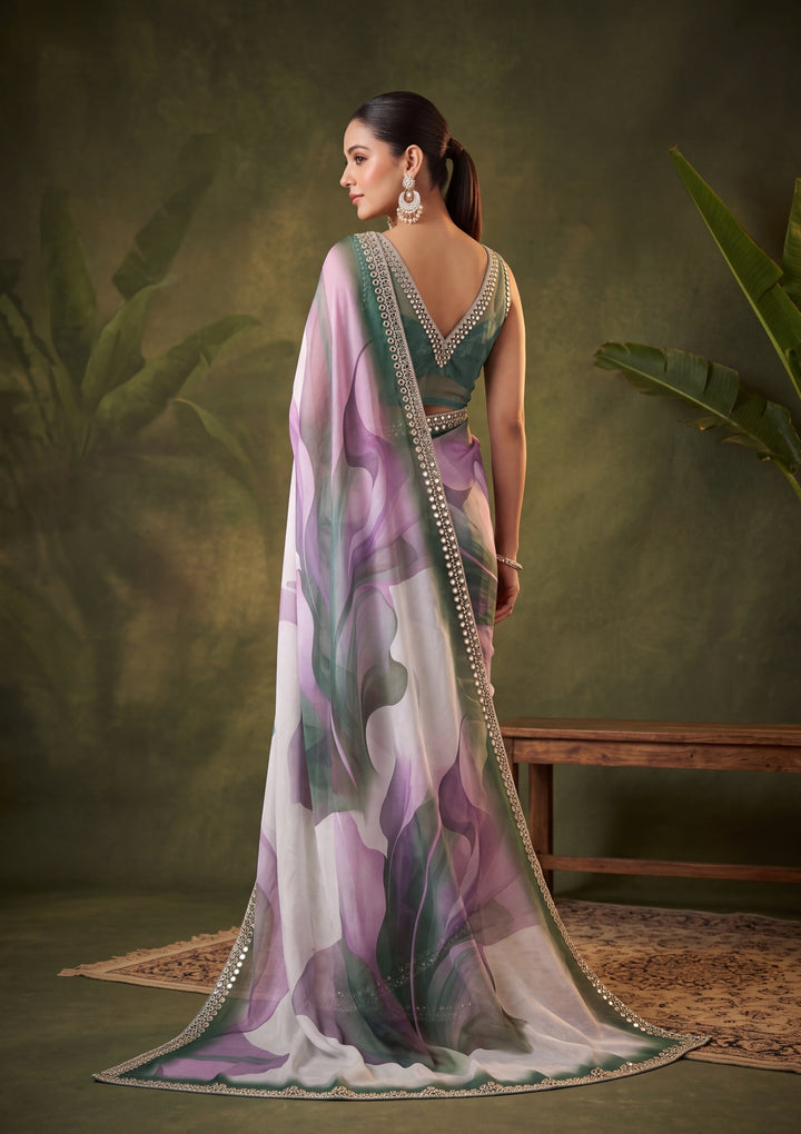 Bottle Green Satin Mirrorwork Saree With Matching Blouse Piece
