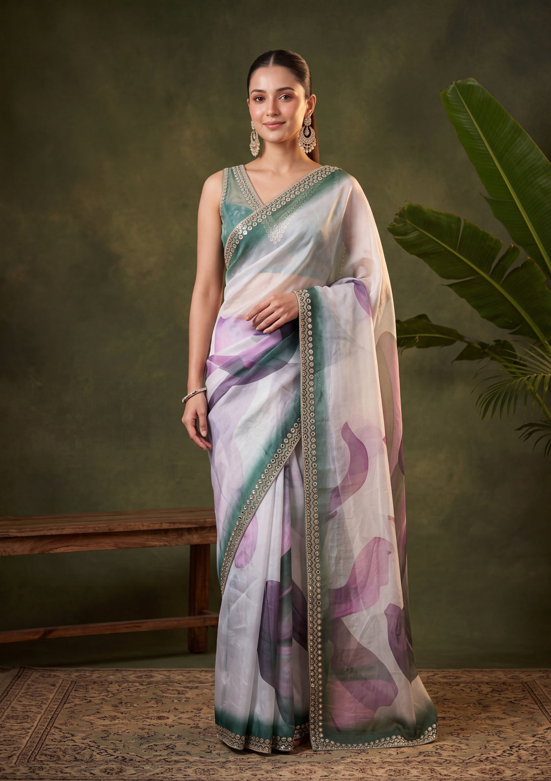 Bottle Green Satin Mirrorwork Saree With Matching Blouse Piece
