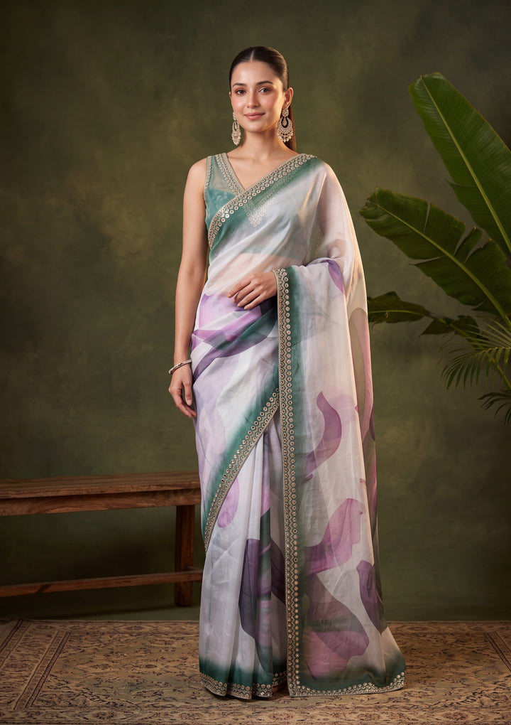 Bottle Green Satin Mirrorwork Saree With Matching Blouse Piece