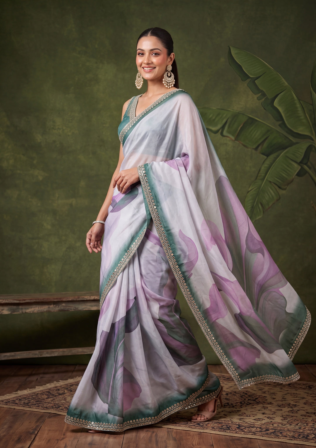 Bottle Green Satin Mirrorwork Saree With Matching Blouse Piece