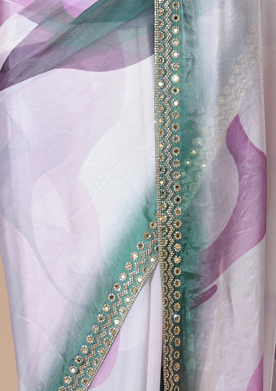 Bottle Green Satin Mirrorwork Saree With Matching Blouse Piece