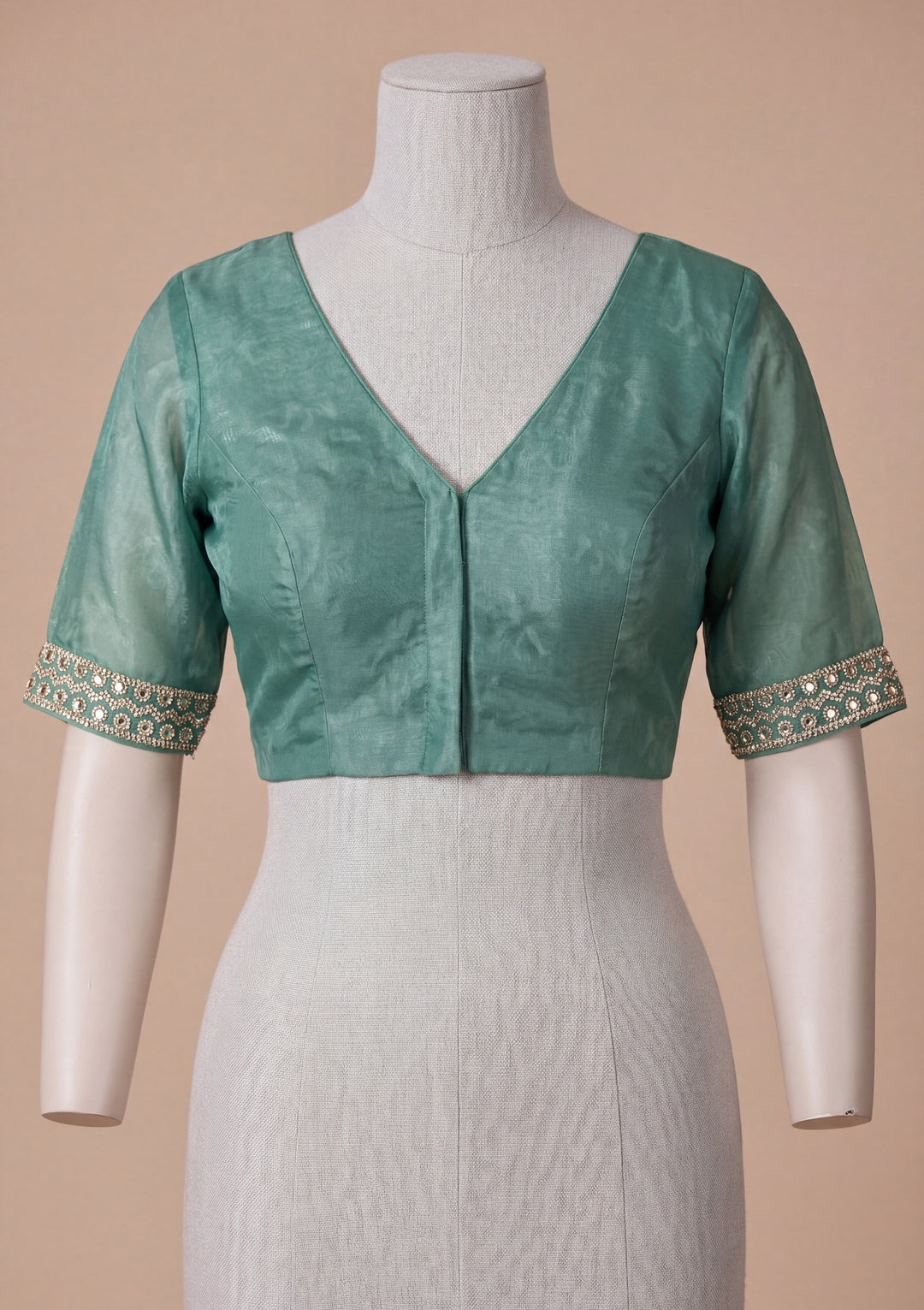Bottle Green Satin Mirrorwork Saree With Matching Blouse Piece