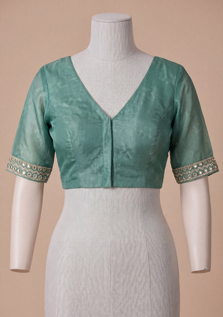 Bottle Green Satin Mirrorwork Saree With Matching Blouse Piece