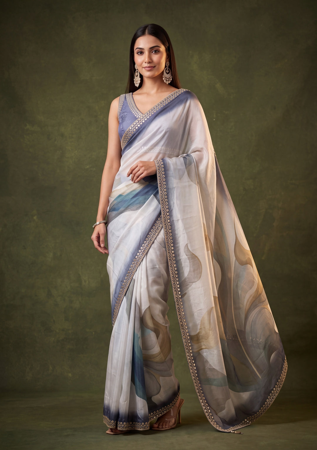 Peacock Blue Satin Mirrorwork Saree With Matching Blouse Piece