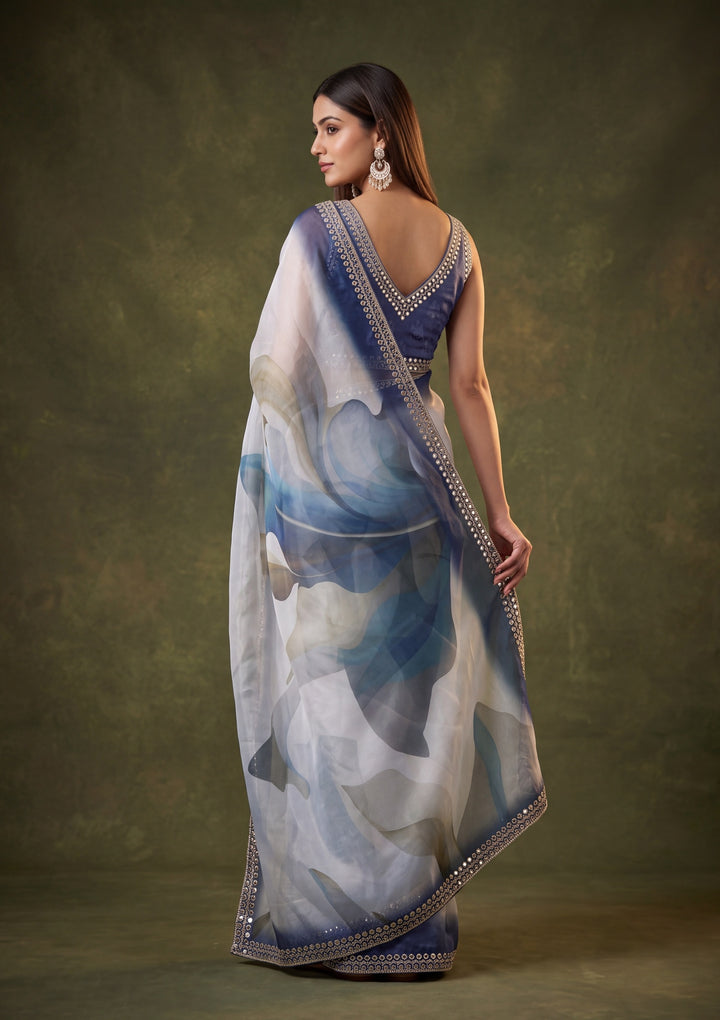 Peacock Blue Satin Mirrorwork Saree With Matching Blouse Piece