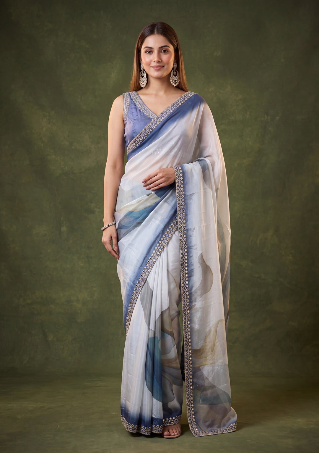 Peacock Blue Satin Mirrorwork Saree With Matching Blouse Piece