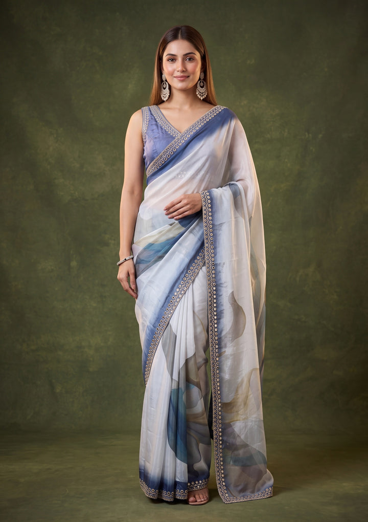 Peacock Blue Satin Mirrorwork Saree With Matching Blouse Piece