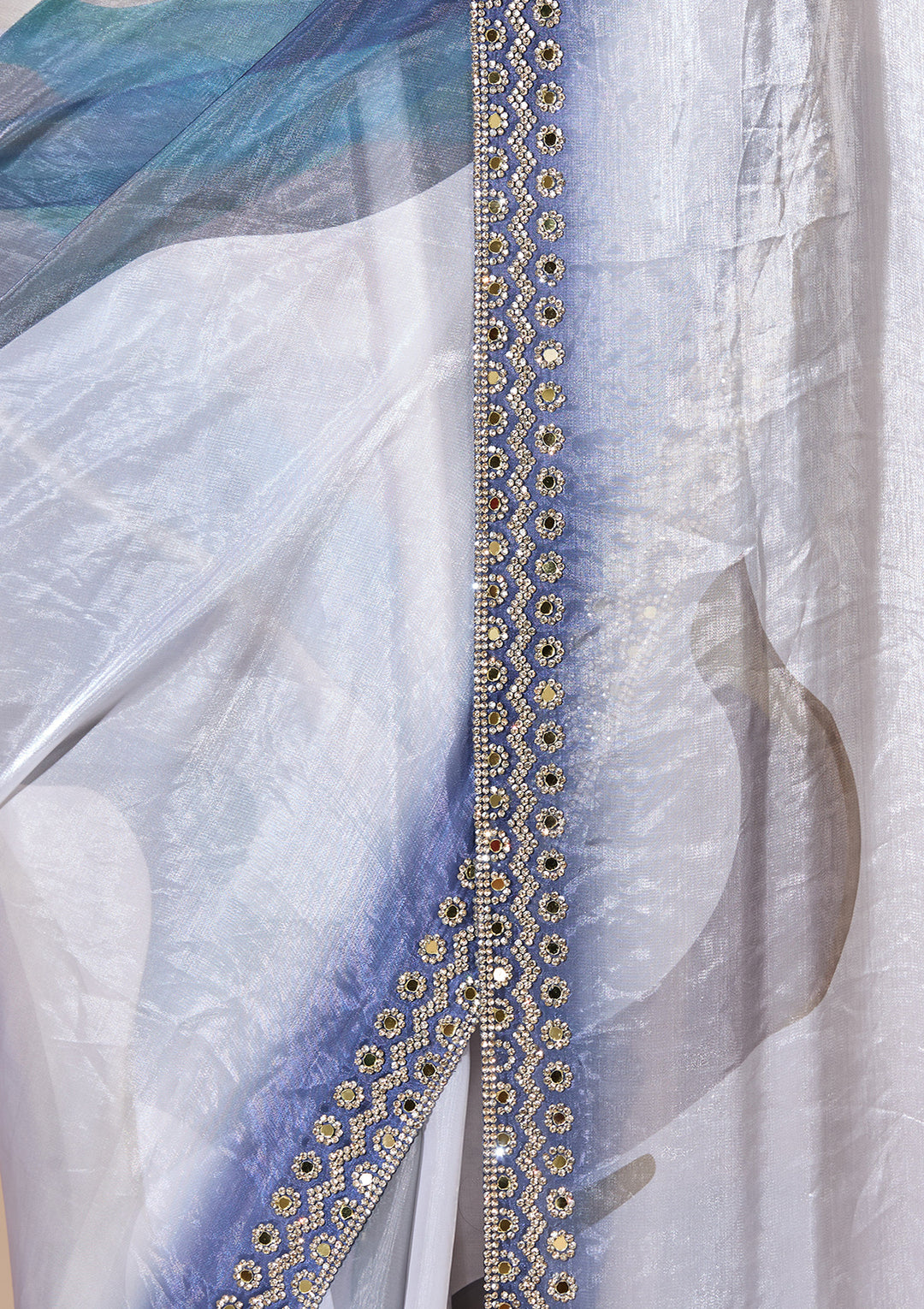 Peacock Blue Satin Mirrorwork Saree With Matching Blouse Piece