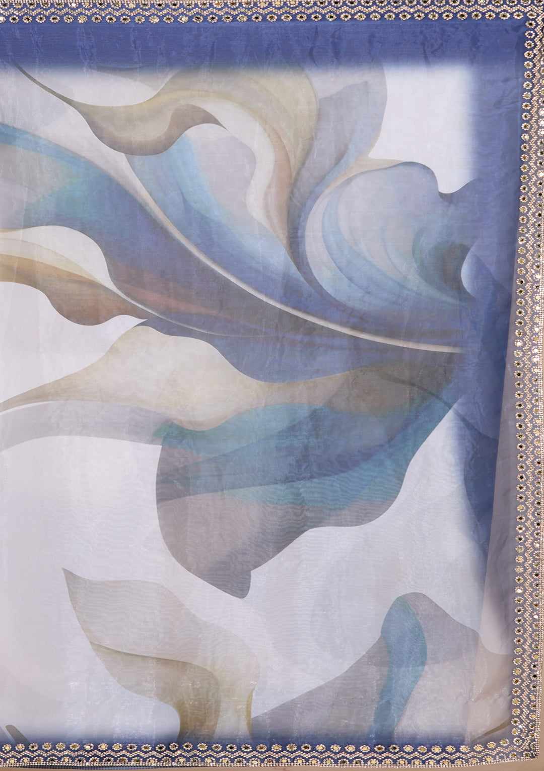 Peacock Blue Satin Mirrorwork Saree With Matching Blouse Piece
