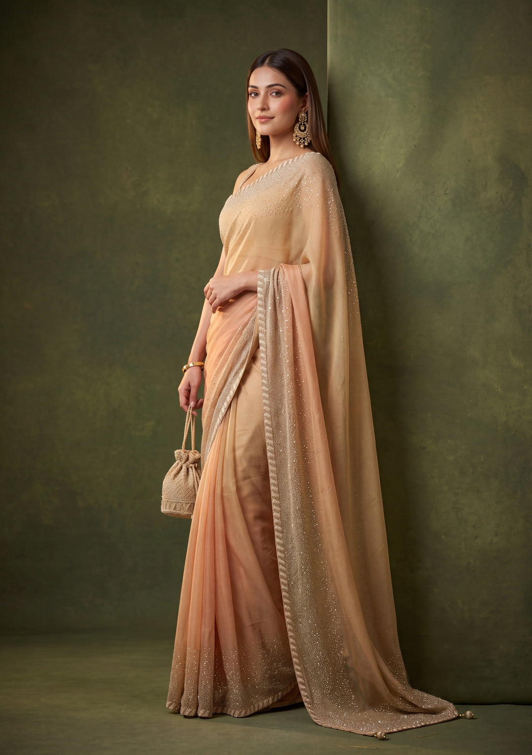 Beige Chiffon Gold Stonework Saree With Matching Blouse Piece