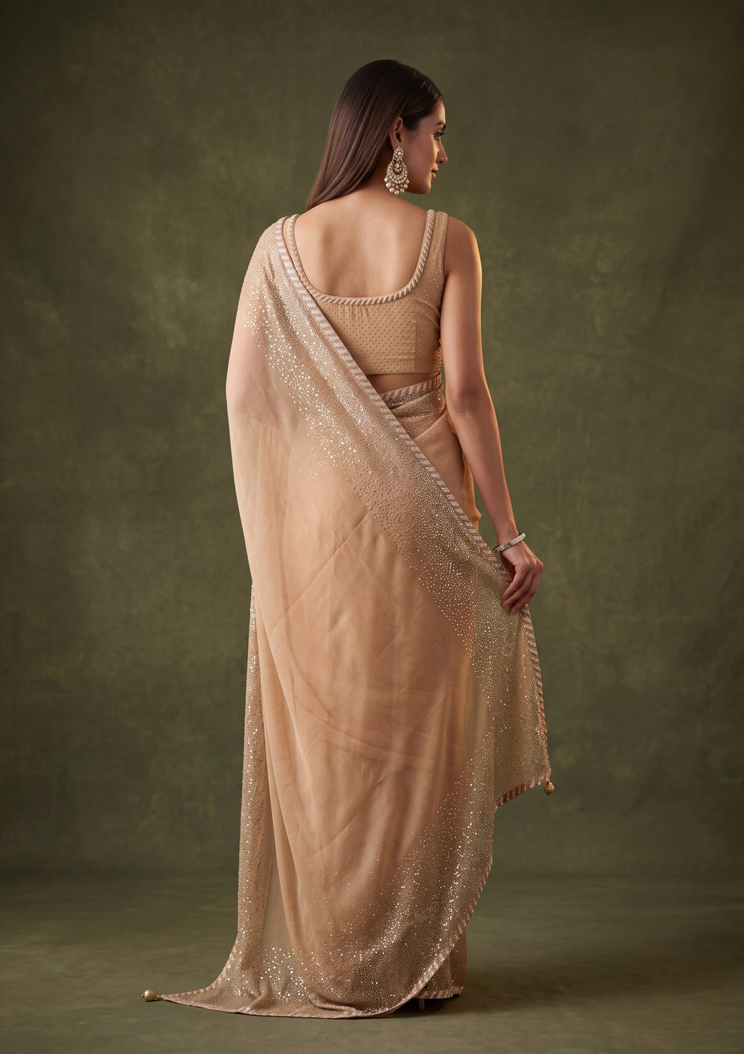 Beige Chiffon Gold Stonework Saree With Matching Blouse Piece