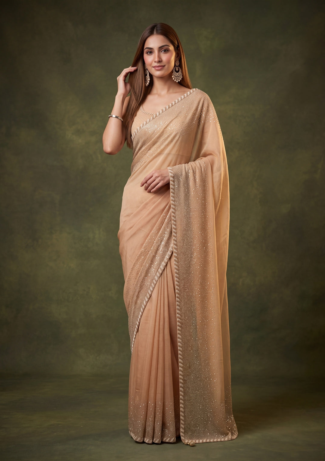 Beige Chiffon Gold Stonework Saree With Matching Blouse Piece
