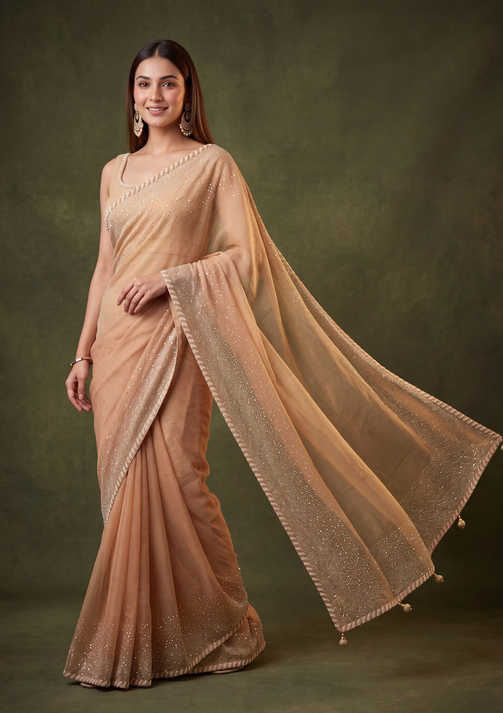 Beige Chiffon Gold Stonework Saree With Matching Blouse Piece