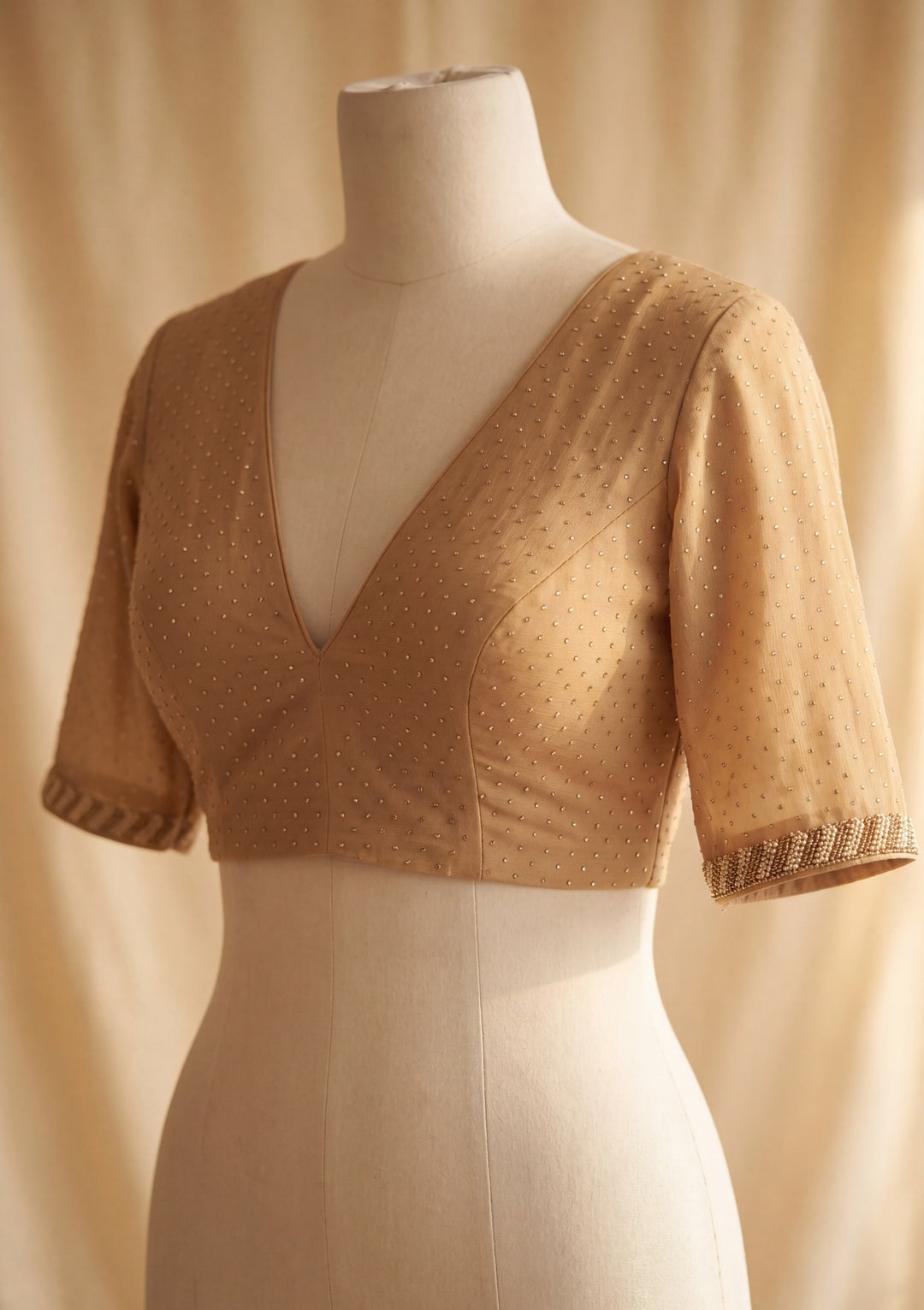 Beige Chiffon Gold Stonework Saree With Matching Blouse Piece