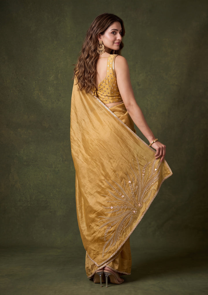 Gold Satin Gold Stonework Saree With Matching Blouse Piece