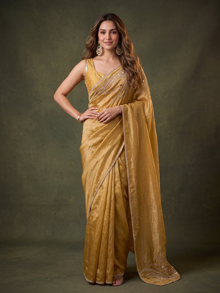 Gold Satin Gold Stonework Saree With Matching Blouse Piece