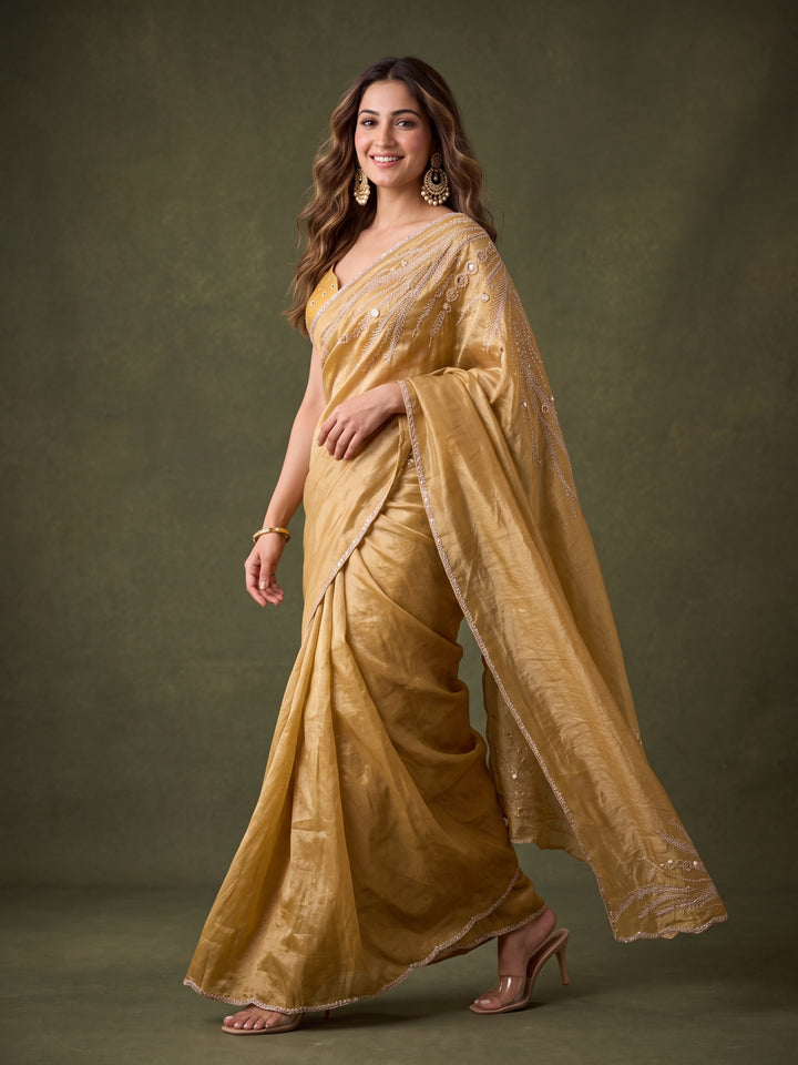Gold Satin Gold Stonework Saree With Matching Blouse Piece