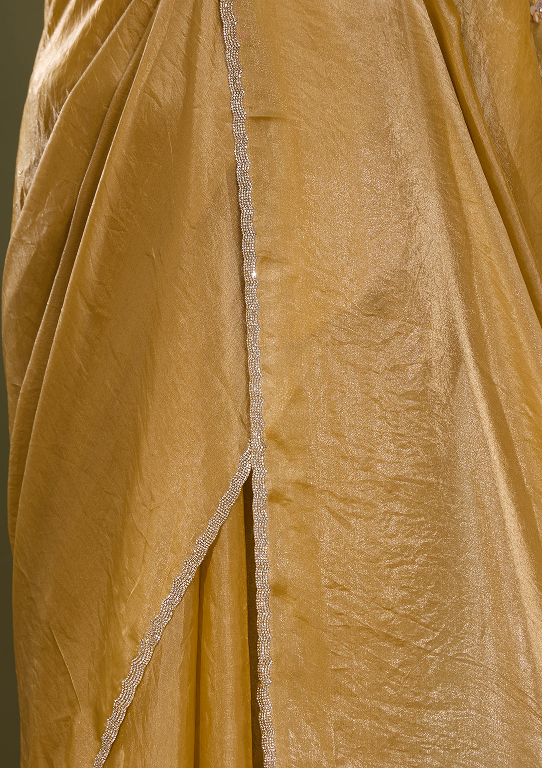 Gold Satin Gold Stonework Saree With Matching Blouse Piece