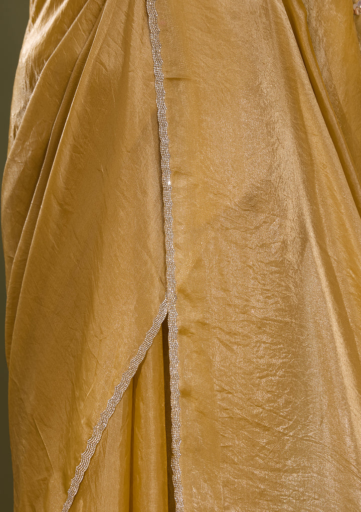 Gold Satin Gold Stonework Saree With Matching Blouse Piece