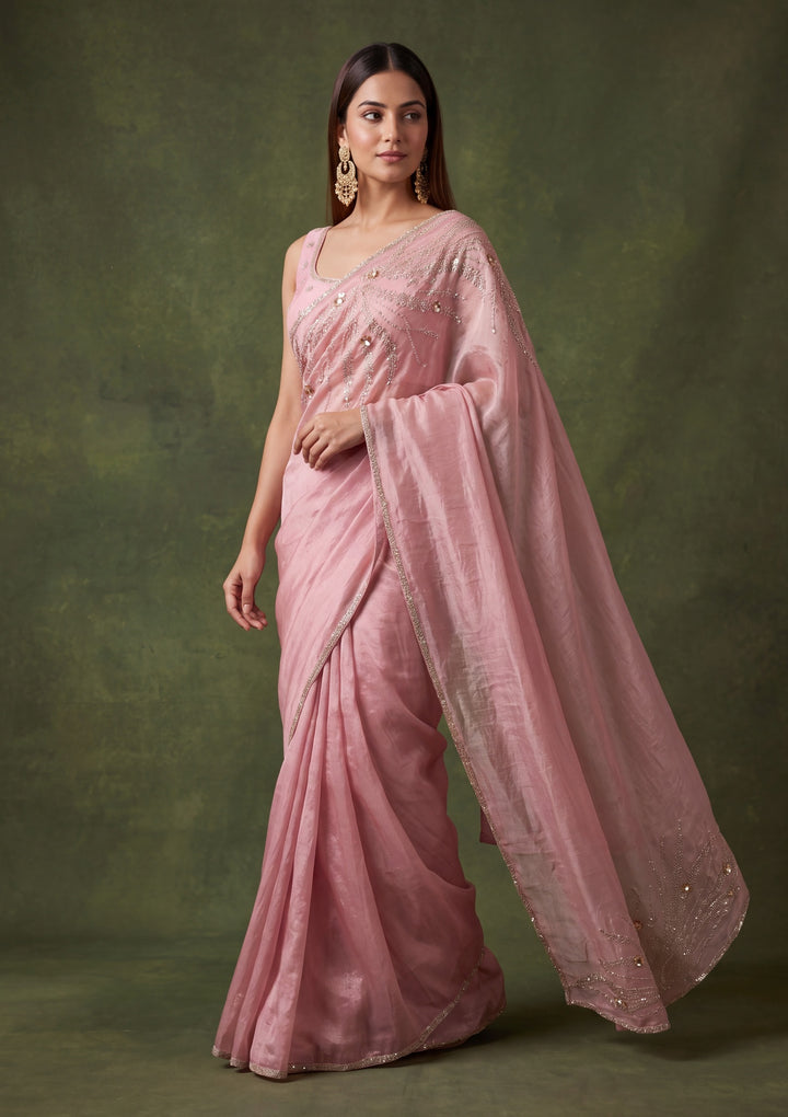 Lavender Satin Gold Stonework Saree With Matching Blouse Piece