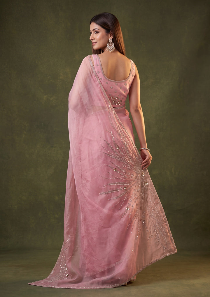 Lavender Satin Gold Stonework Saree With Matching Blouse Piece