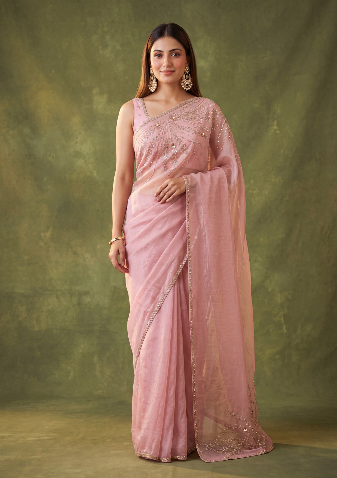 Lavender Satin Gold Stonework Saree With Matching Blouse Piece