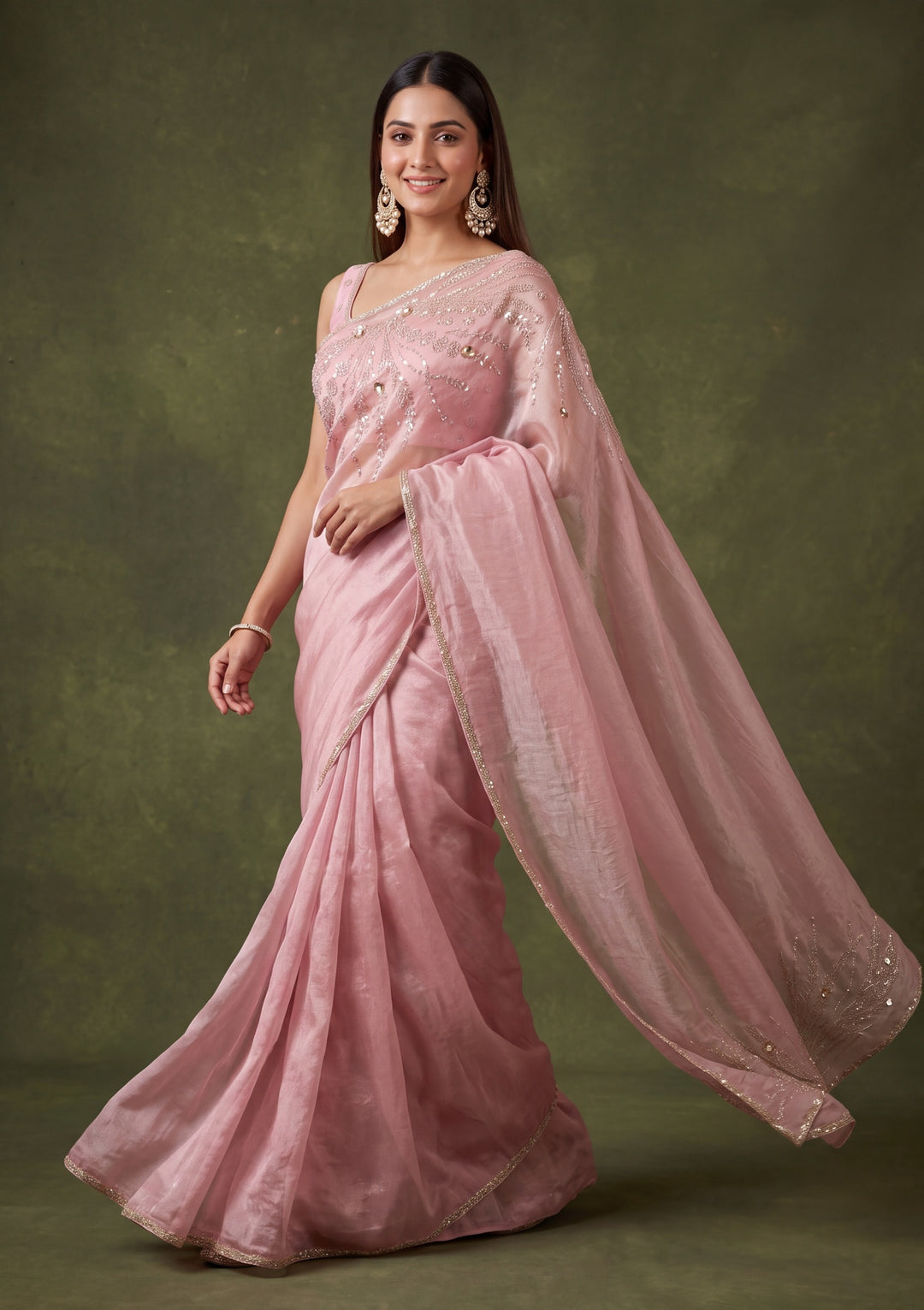 Lavender Satin Gold Stonework Saree With Matching Blouse Piece