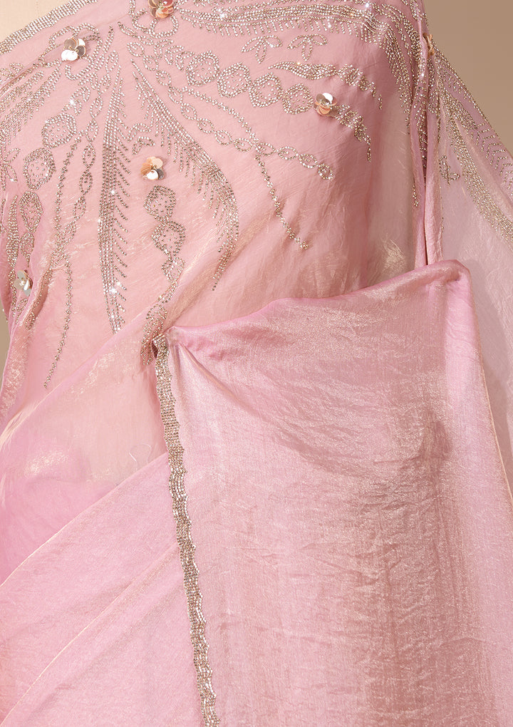 Lavender Satin Gold Stonework Saree With Matching Blouse Piece