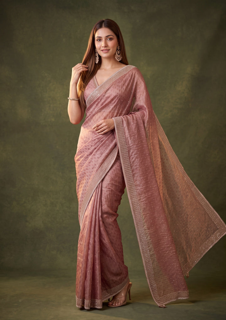 Mauve Tissue Gold Stonework Saree With Matching Blouse Piece