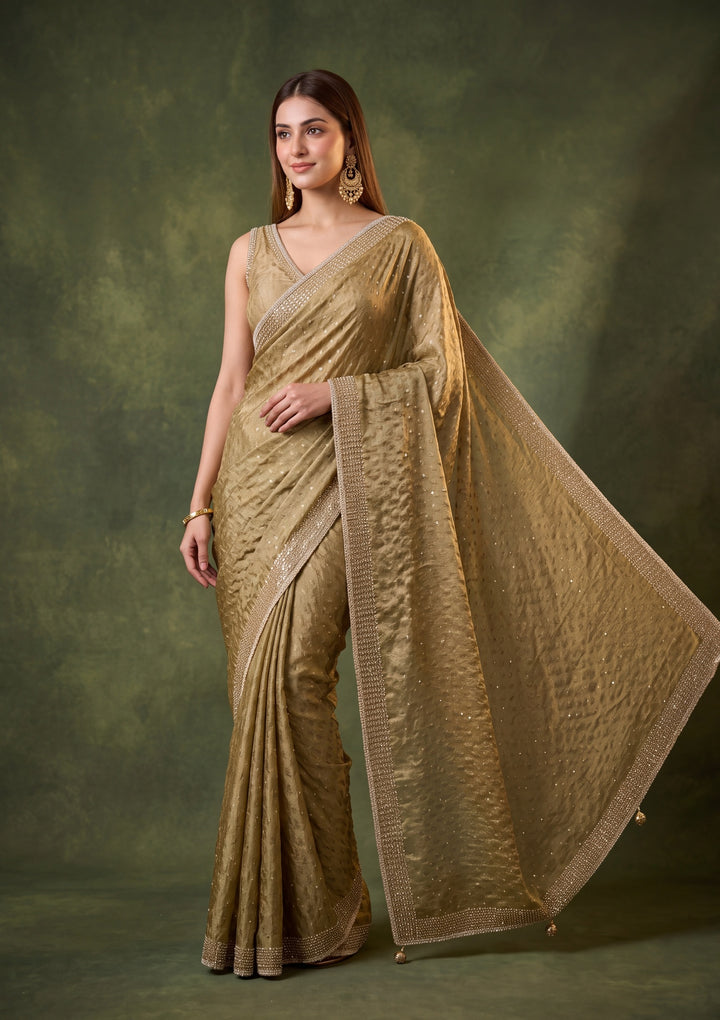 Mehendi Green Tissue Gold Stonework Saree With Matching Blouse Piece
