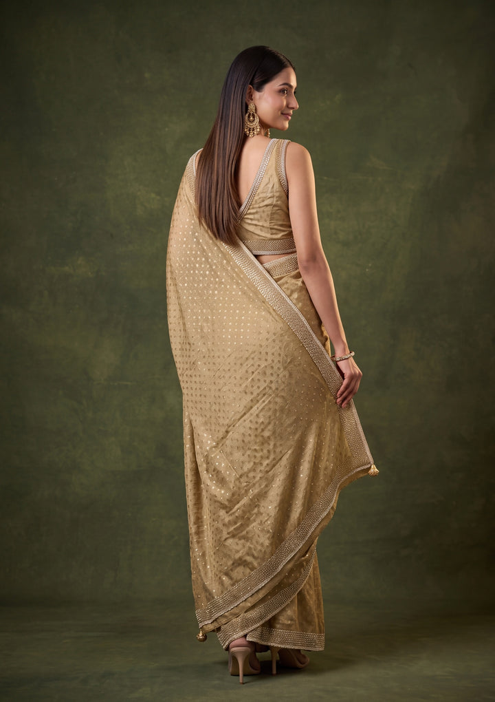 Mehendi Green Tissue Gold Stonework Saree With Matching Blouse Piece