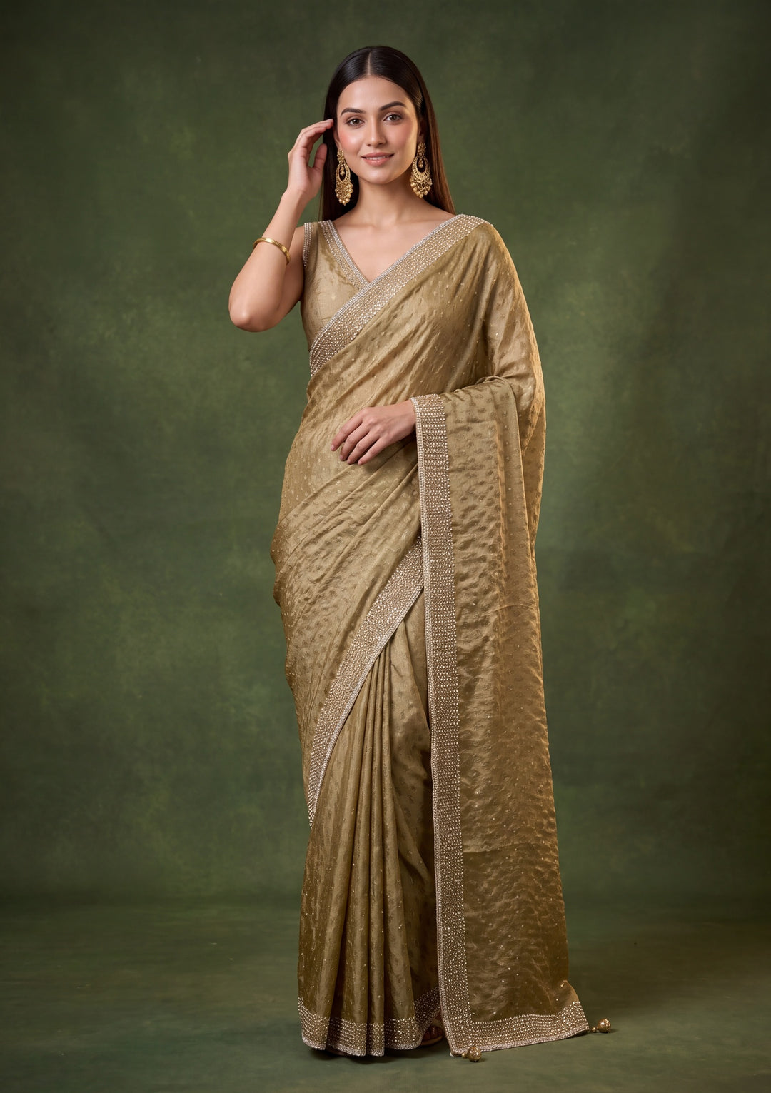 Mehendi Green Tissue Gold Stonework Saree With Matching Blouse Piece
