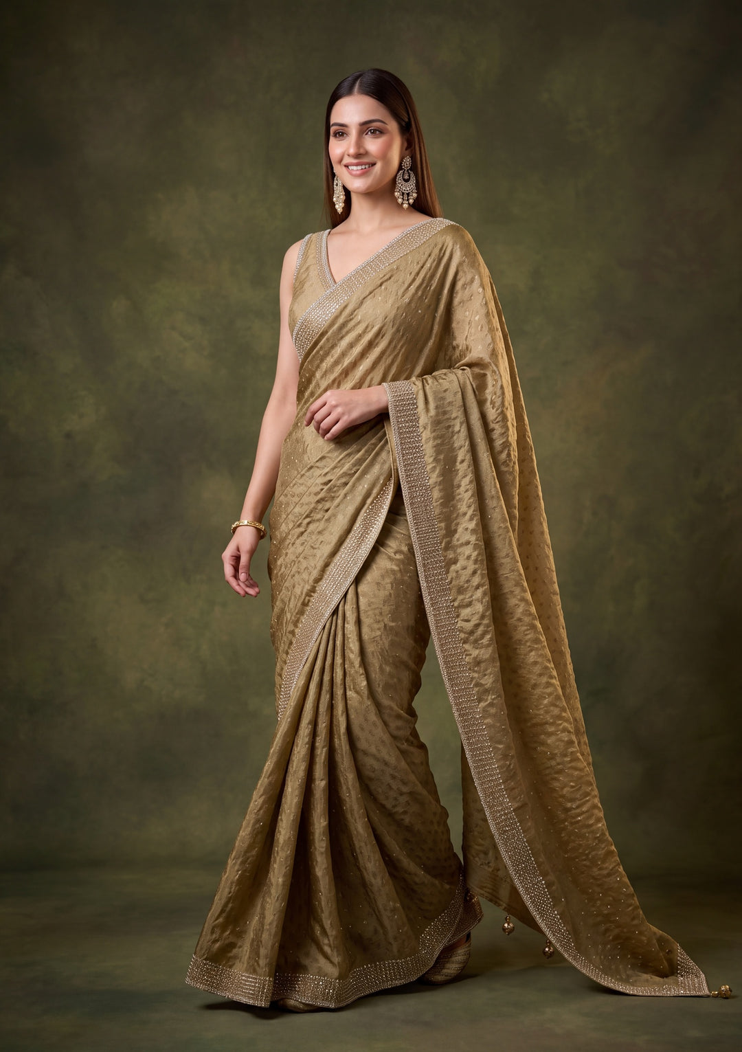 Mehendi Green Tissue Gold Stonework Saree With Matching Blouse Piece
