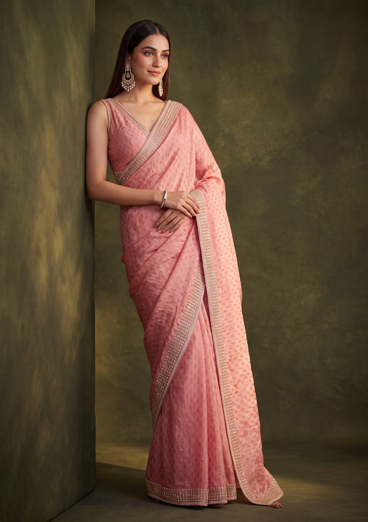 Onion Pink Tissue Gold Stonework Saree With Matching Blouse Piece