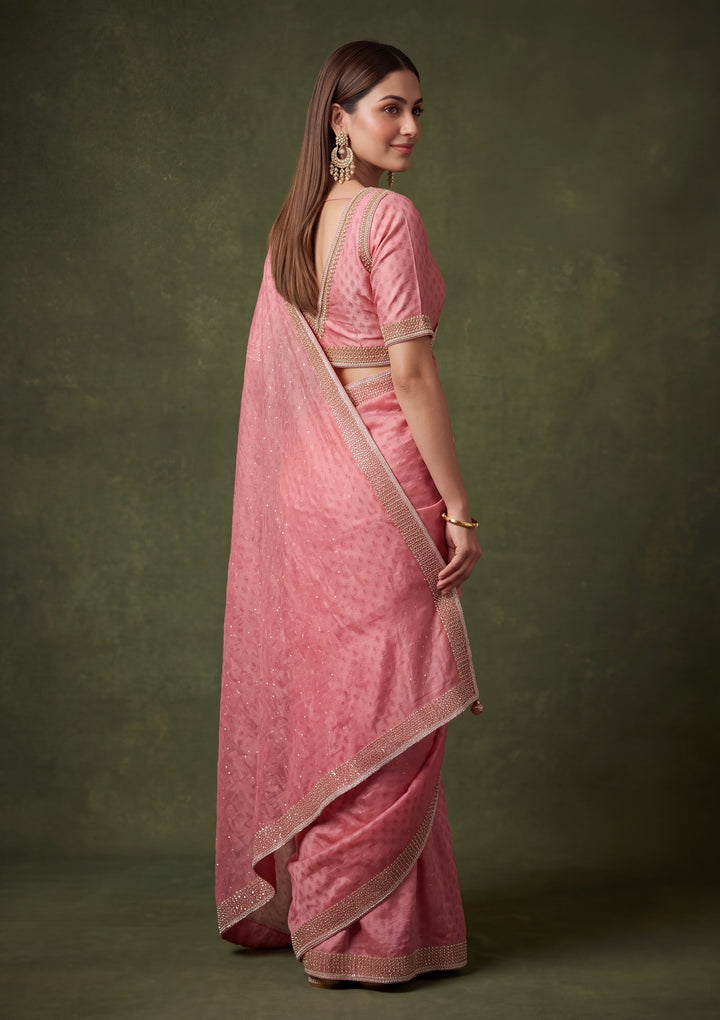 Onion Pink Tissue Gold Stonework Saree With Matching Blouse Piece