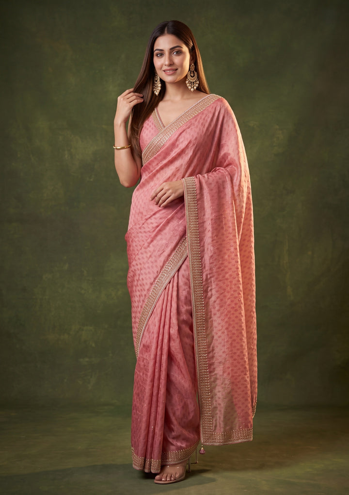 Onion Pink Tissue Gold Stonework Saree With Matching Blouse Piece