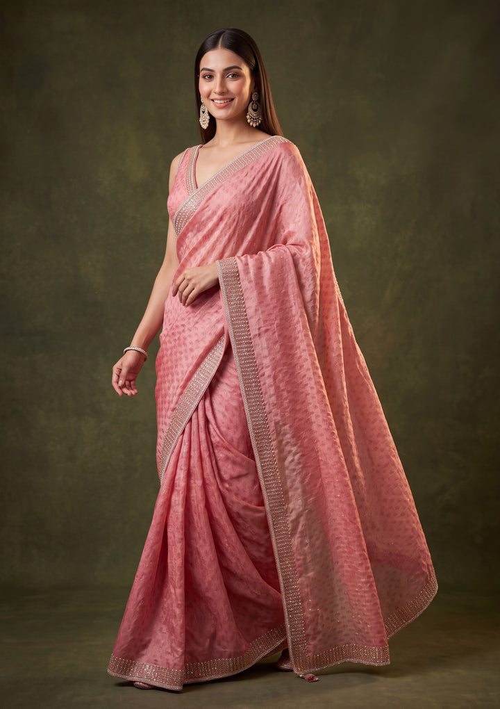 Onion Pink Tissue Gold Stonework Saree With Matching Blouse Piece