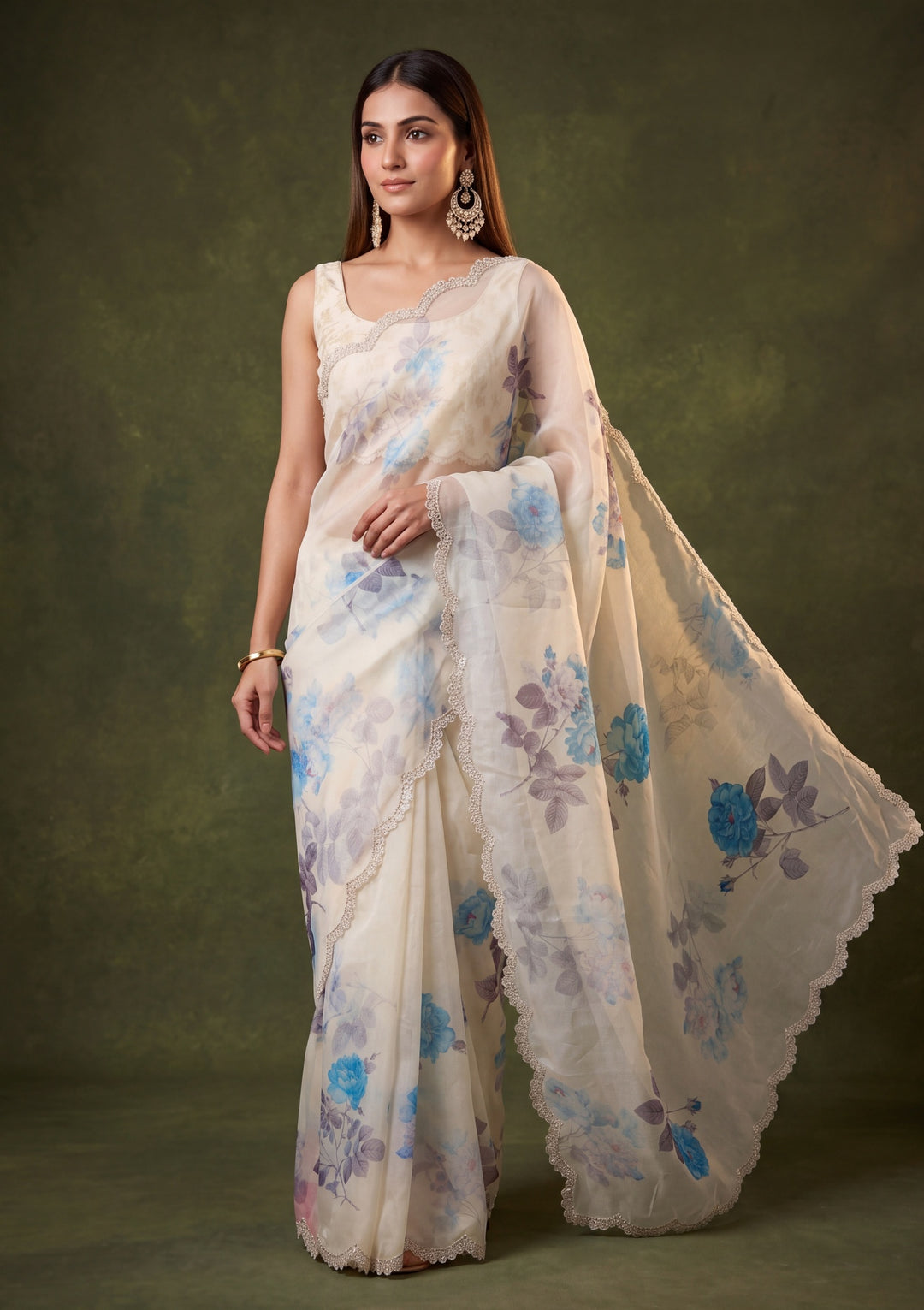 Off White Satin Floral Gold Stonework Saree With Matching Blouse Piece