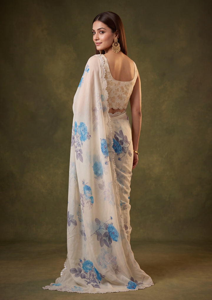 Off White Satin Floral Gold Stonework Saree With Matching Blouse Piece
